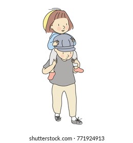 Vector illustration of little kid girl riding dad's shoulders. Daughter ride on daddy back. Early child development, family, happy father day, happy children day concept. Cartoon character drawing.