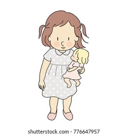 Vector illustration of little kid girl playing baby doll. Happy children day, child playing concept. Cartoon character drawing.