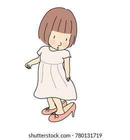 Vector illustration of little kid girl trying to put on mother's high heel shoes. Happy children day, child playing, funny concept. Cartoon character drawing.
