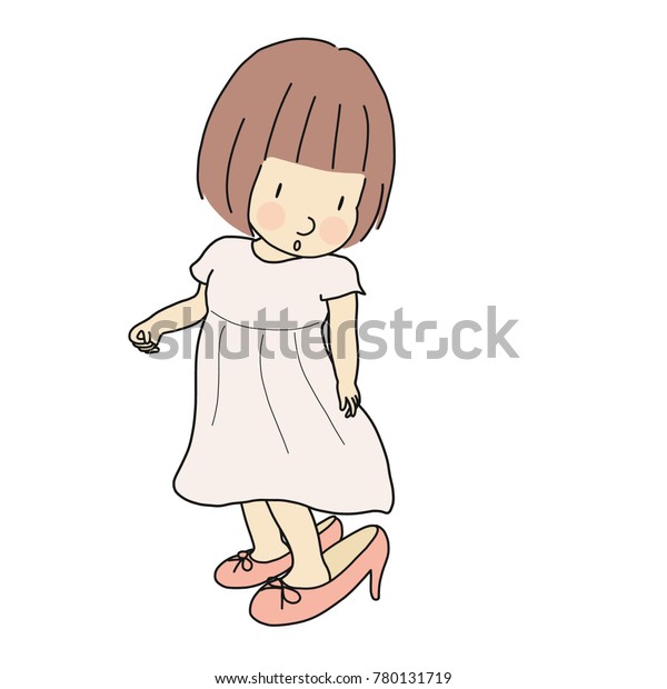 母親の高いかかとの靴を履こうとする少女のベクターイラスト 幸せな子供の日 子どもの遊び 面白いコンセプト 漫画のキャラクターの描画 のベクター画像素材 ロイヤリティフリー