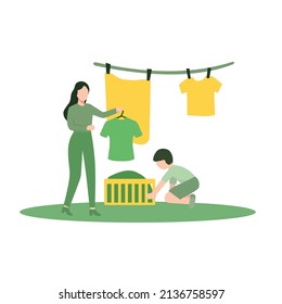 Vector Illustration of little kid helping mother to dry the clothes outside. devoted son. teach by example. Mother and boy with flat design for website, banner, flyer