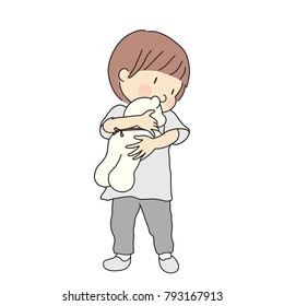 Vector illustration of little kid holding and hugging teddy bear doll. Early childhood development, child playing, happy children day concept. Cartoon character drawing.