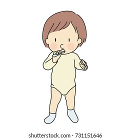 Vector illustration of little kid learning to brush teeth. Early childhood development - self care, education and learning concept. Cartoon character drawing style. Isolated on white background.