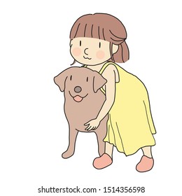 Vector illustration of little kid playing with lovely dog. Curious kid touching little dog. Happy children day, child playing, pet concept. Cartoon character drawing.