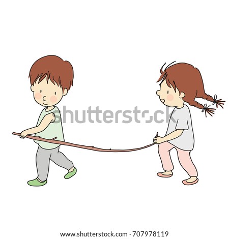 Vector illustration of little kid playing stick together with friend. Early childhood development. Card and postcard. Cartoon character drawing style. Isolated on white background.