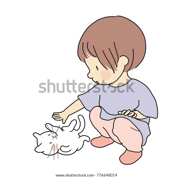 可愛い子猫と遊ぶ子供のベクターイラスト 小さな猫に触れる好奇心旺盛な子ども 幸せな子供の日 子どもの遊び ペットのコンセプト 漫画のキャラクターの描画 のベクター画像素材 ロイヤリティフリー