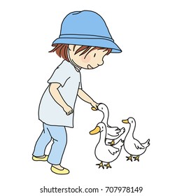 Vector illustration of little kid rubbing her lovely duck, gently on head. Card and postcard. Family concept - kid and pets, early childhood development. Cartoon character drawing style.