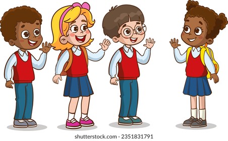 Vector illustration of little kid say hello to friend and go to school together