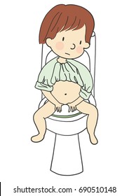 Vector illustration of little kid sitting on a toilet. Family concept, early childhood development, toilet training, self care skill. Cartoon character drawing style. Isolated on white background.