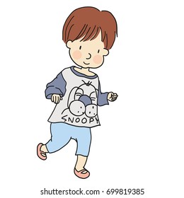 Vector illustration of little kid skipping. Family concept, early childhood development. Cartoon character drawing style. Isolated on white background.