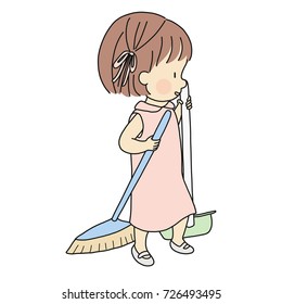 Vector illustration of little kid sweeping with broom and dustpan. Early childhood development activity - child help parent to do housework. Cartoon character drawing. Isolated on white background.