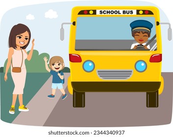 Vector illustration of little kid waving saying goodbye to mother taking school bus