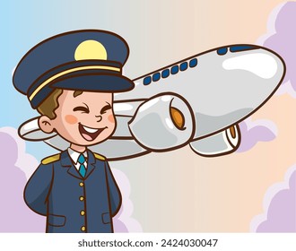 vector illustration of a Little kid Wearing a pilot Uniform