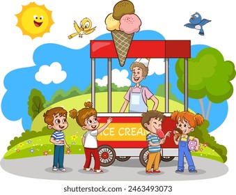 Vector illustration of little kids buying ice cream from ice cream cart outdoors.