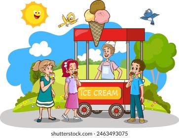 Vector illustration of little kids buying ice cream from ice cream cart outdoors.