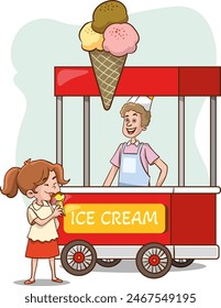 Vector illustration of little kids buying ice cream from ice cream cart outdoors.