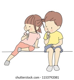 Vector illustration of little kids eating ice cream. Early childhood development concept, happy summer day. Cartoon character drawing.