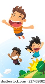 Vector Illustration Of Little Kids Flying Around.