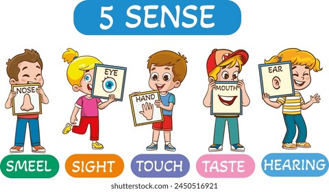 Vector illustration of little kids holding cards about 5 senses.Vector illustration of little children showing parts of the body