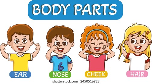 Vector illustration of little kids holding cards about 5 senses.Vector illustration of little children showing parts of the body