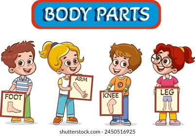 Ilustración vectorial de niños pequeños que sostienen tarjetas sobre 5 sentidos. Ilustración vectorial de niños pequeños que muestran partes del cuerpo