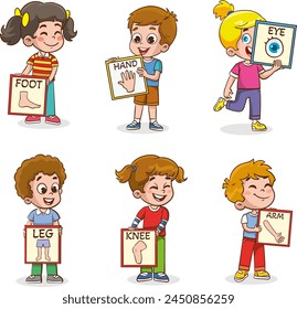 Ilustración vectorial de niños pequeños que sostienen tarjetas sobre 5 sentidos. Ilustración vectorial de niños pequeños que muestran partes del cuerpo