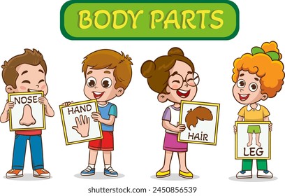 Ilustración vectorial de niños pequeños que sostienen tarjetas sobre 5 sentidos. Ilustración vectorial de niños pequeños que muestran partes del cuerpo