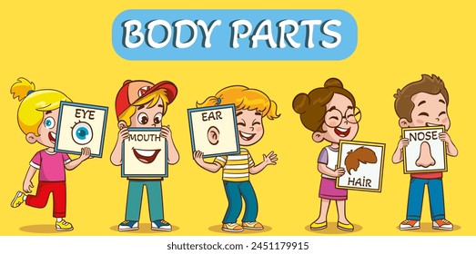 Vector illustration of little kids holding cards about 5 senses.Vector illustration of little children showing parts of the body