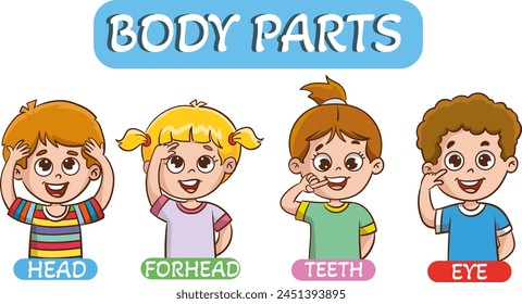 Vector illustration of little kids holding cards about 5 senses.Vector illustration of little children showing parts of the body