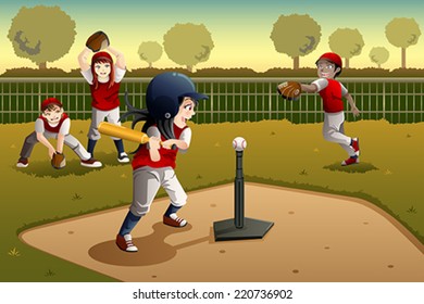 A vector illustration of little kids playing Tee ball