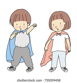 Vector illustration of little kids playing dress up and acting like superhero. Playing superhero. Early childhood development activity, pretend and dramatic dress-up play, education & learning concept.