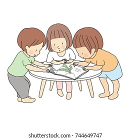 Vector illustration of little kids standing and reading story book together. Early childhood development activity, education and learning, friendship concept. Cartoon character drawing style.