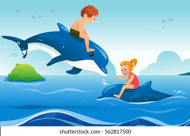 A vector illustration of Little Kids Swimming with Dolphins in the Ocean