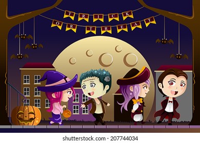 A vector illustration of Little kids wearing Halloween costumes going out for trick or treat