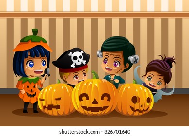 A vector illustration of little kids wearing Halloween costumes 
