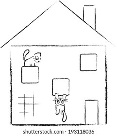Vector illustration, little kittens, playing, house