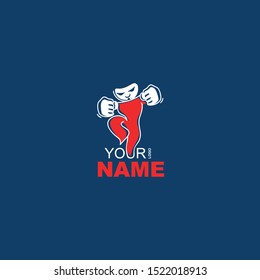 Vector illustration of a little man on a dark blue background. Children's character in a fighting pose. Vector sign, symbol, logo wrestler.