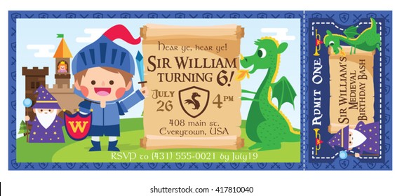 A Vector Illustration Little Medieval Knight, Magician And Dragon. Ticket Invitation. Castle Party