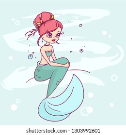 Vector illustration of little mermaid with hairstyle and fish tail sitting on a stone on blue water background. Line art style of a cute girl for web, party card, invitation, poster