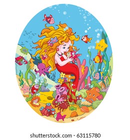 vector illustration, little mermaid and her friends, card concept.
