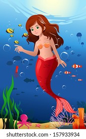 A vector illustration of little mermaid in the ocean