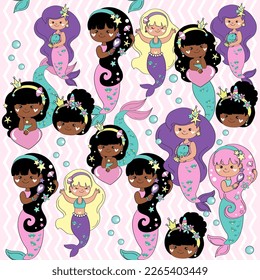 Vector illustration with a little mermaid seamless pattern on a pink background