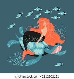 Vector illustration with a little mermaid, a turtle and a flock of fish on a coral background. Image for children's design in cartoon style