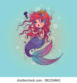 Vector Illustration of Little Mermaid Under the Sea Hand Drawn, Doodle Cartoon Character
