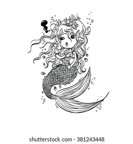 Vector Illustration of Little Mermaid Under the Sea Hand Drawn, Doodle Cartoon Character for Coloring
