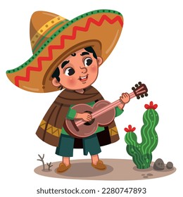 Ilustración vectorial de un niño mexicano tocando guitarra.