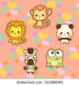 ilustración vectorial de pequeños monos, leones, pandas, cebras y ranas en estilo de dibujos animados de animales adorables