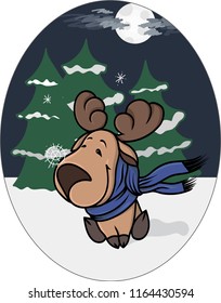 vector illustration. Little moose on the background of a winter forest