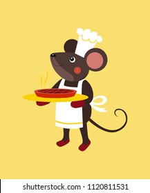 Vector illustration of little mouse in apron for kitchen and chef's hat, with hot pie in his paws. Isolated on light yellow background. Flat cartoon picture for cards, children's books, apparel prints