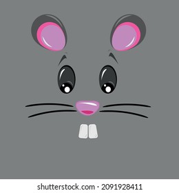 Vector illustration of a little mouse with cute face on gray background. Cartoon of a mouse with mustaches